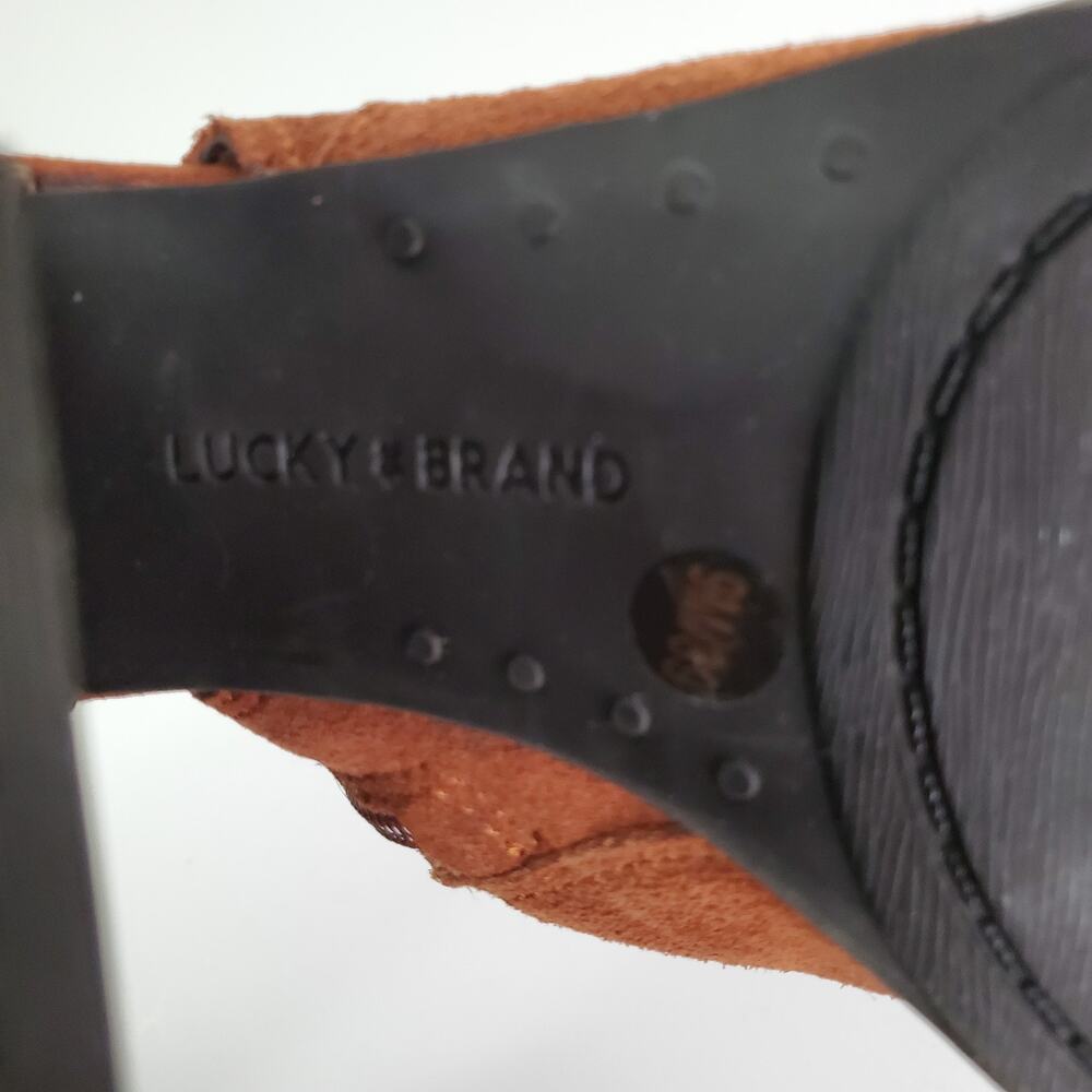 Lucky Brand Women's S 9M Listana Suede Embroidered Peep Toe Burnt Orange Booties - Picture 11 of 13
